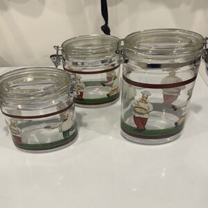 Vintage Fat Chef Glass Canister Set 3 Piece Oval Hinged Lid Kitchen Jars Bistro